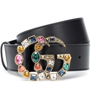 GUCCI Multicolor Crystals Black Leather Belt Size 85/34